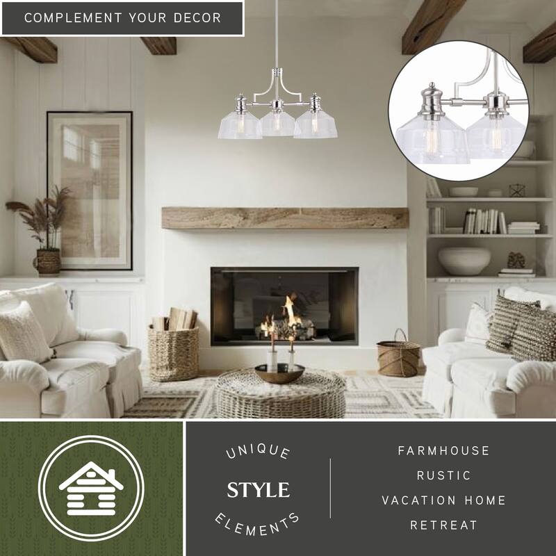 Beloit 3 Light Satin Nickel Farmhouse Chandelier Clear Glass - 26-in W x 20-in H x 26-in D