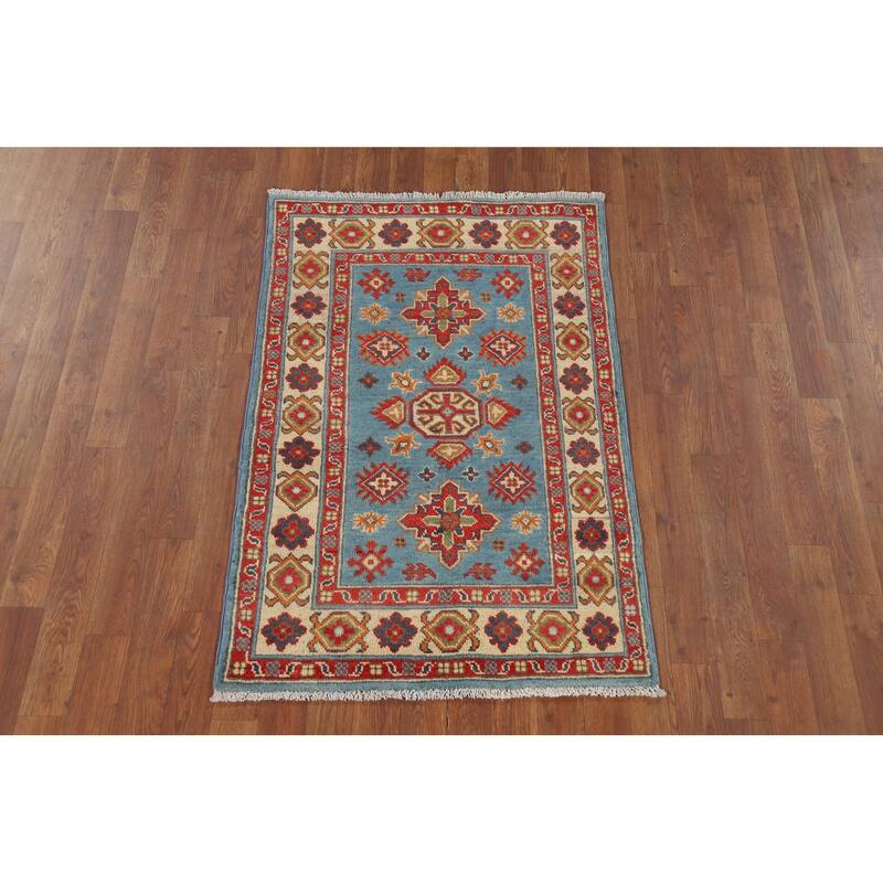 Light Blue Geometric Kazak Rug Hand-Knotted Oriental Wool Carpet - 2'8" x 3'11"