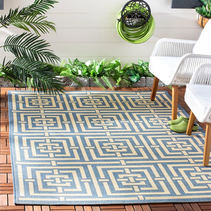SAFAVIEH Courtyard Errica Indoor/ Outdoor Waterproof Patio Backyard Rug - 2'7" x 5' - Blue/Bone