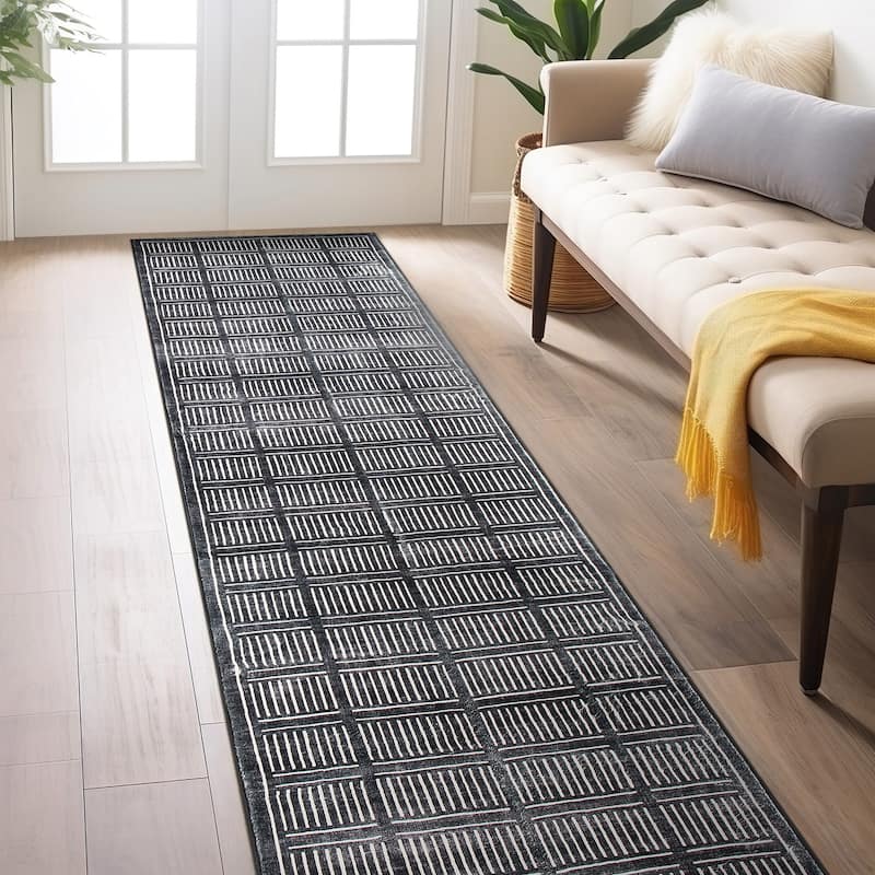 World Rug Gallery Bohemian Stripe Lines Washable Non Slip Area Rug - Black - 2'x8' Runner