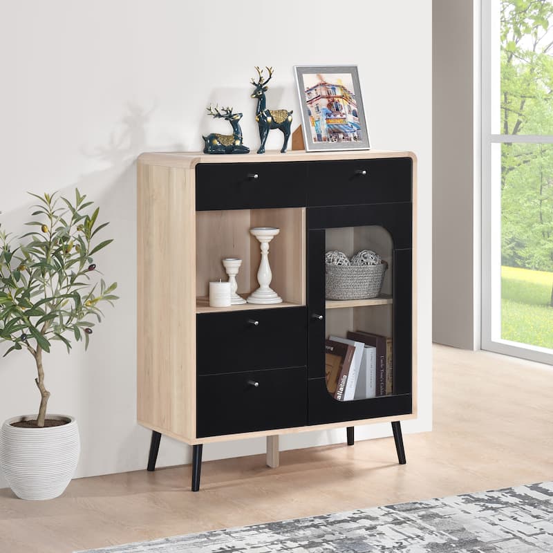 Nathan Wood Sideboard Storage Cabinet with Drawers and Door - 34"L x 16"W 42"H - Oak/Black