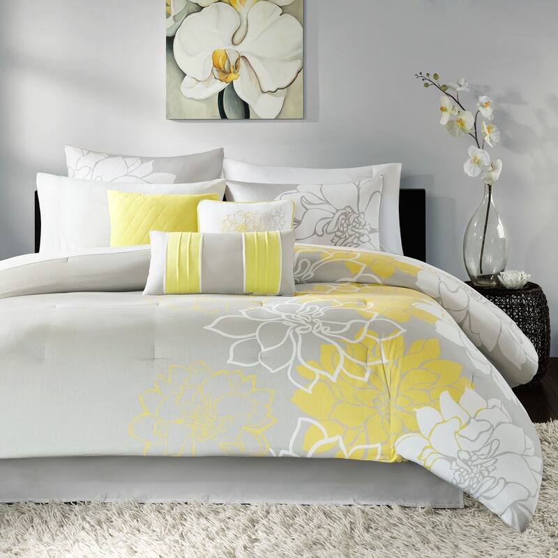 Madison Park Brianna Yellow Flower Printed Cotton Comforter Set - Twin - Twin XL