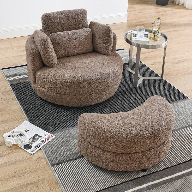 Oversized Teddy Fabric Swivel Barrel Chair with Moon Ottoman & 4 Pillows
