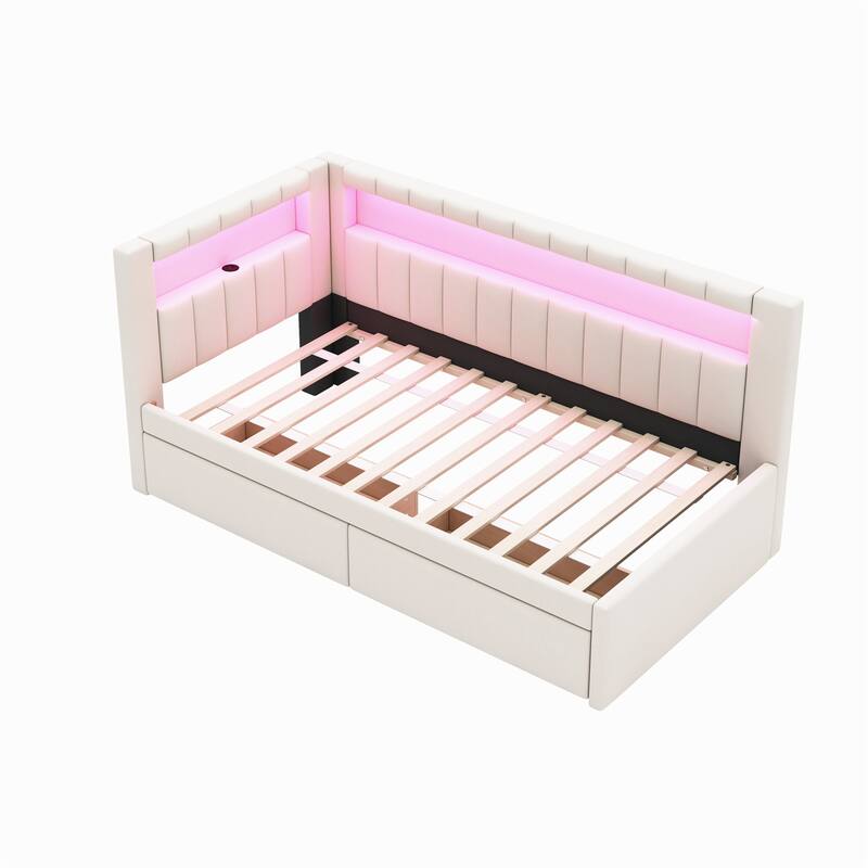 Platform Bed Linen Upholstered Daybed with L-shaped Headboard USB Ports and Light for Night's Sleep, Choose 2 Drawer or Trundle