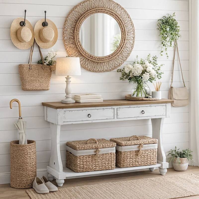 48 Inch 2 Drawer Console Table, Ring Metal Handles, Distressed White