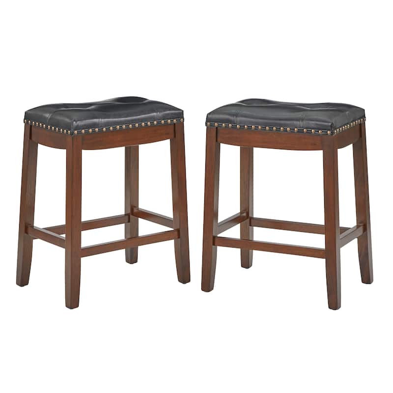 Simple Living Lonnie 29-inch Padded Bar Height Saddle Stools (Set of 2) - Walnut Finish Black Vegan Leather
