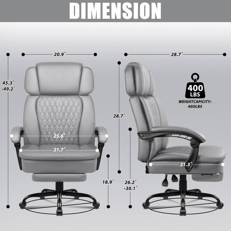 BOSSIN 400lbs Big & Tall Office Chair, Reclining Executive Chair with Footrest, Adjustable Headrest, PU Leather High Back,