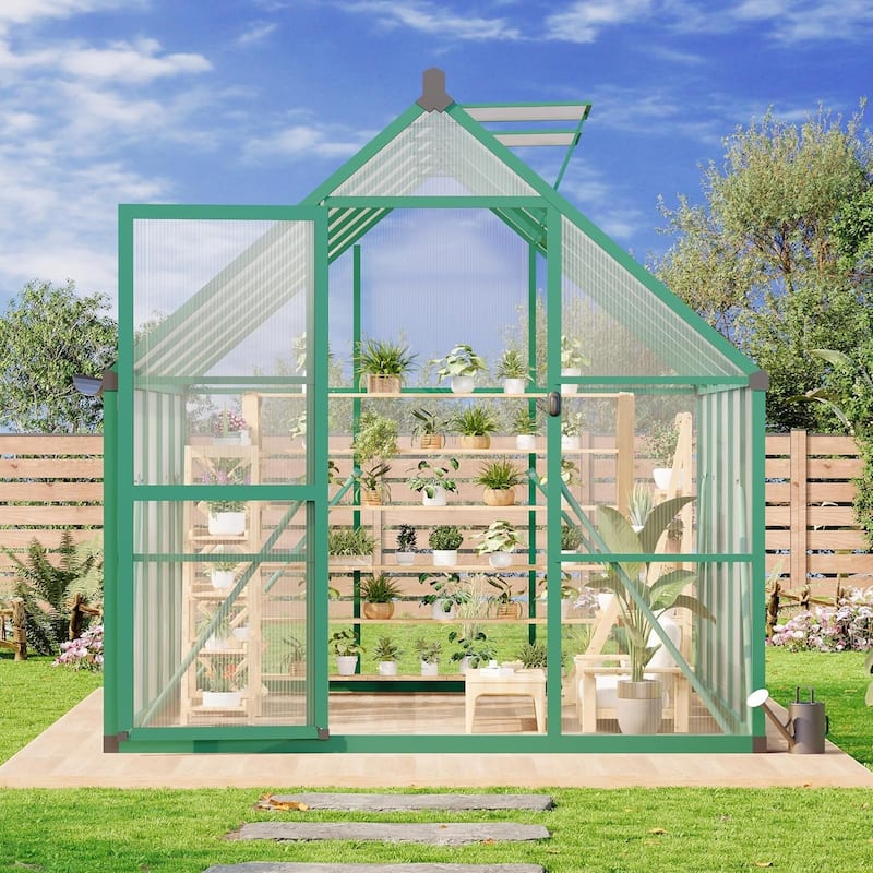 8 x 10 ft Greenhouse, Polycarbonate Walk-in Greenhouse with Aluminum Frame, Adjustable Roof Vent and Lockable Door, Green