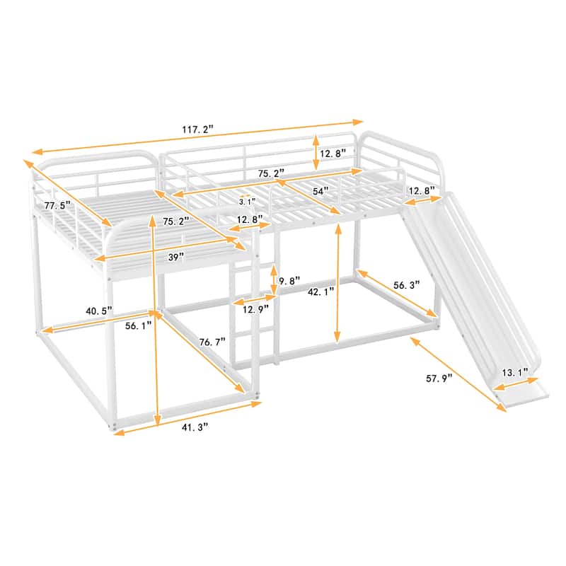 Full and Twin Size L-Shaped Bunk Bed with Slide and Short Ladder, White