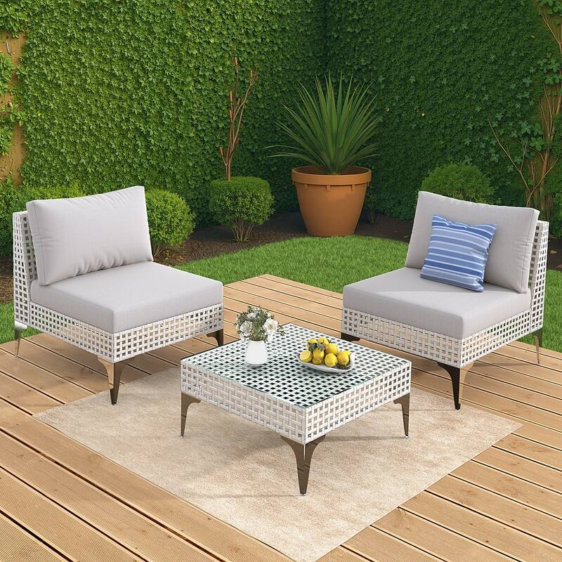 FINCATI Luxury Modern Patio Furniture Set with Side Table, Outdoor Wicker Conversation Set with 500 lbs Oversized Seats - 3 PCS-Light Grey