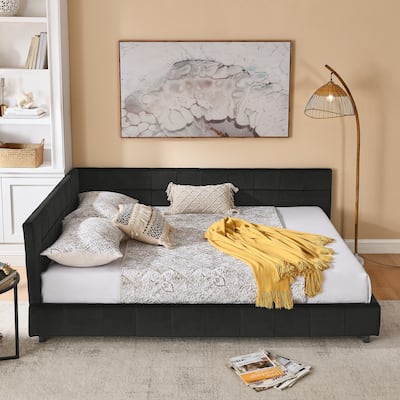 Queen Size Upholstered Tufted Daybed, Velvet Fabric Queen Bed Frame with L Shaped Backrest and Armrests, Wood Slats Support