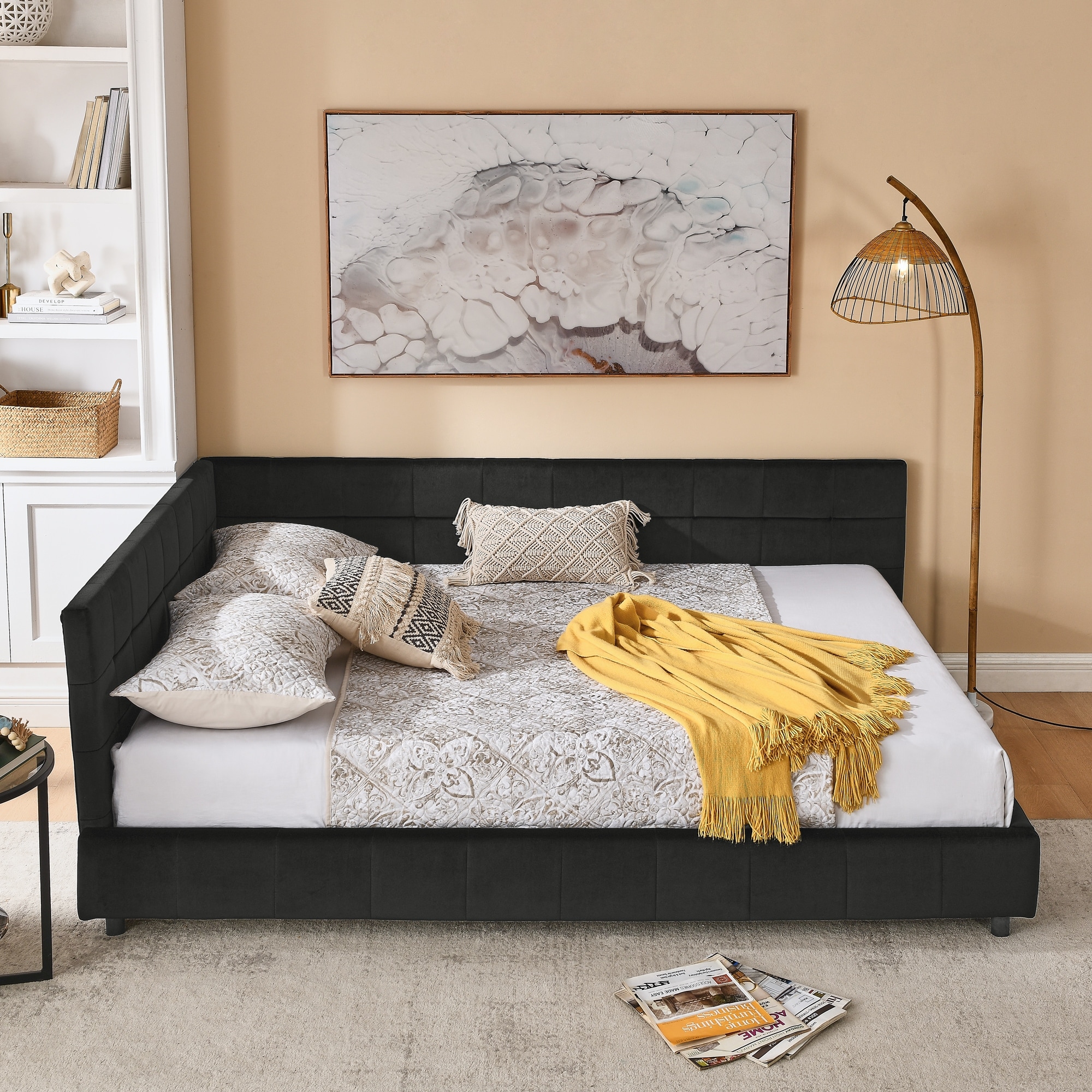 Queen Size Upholstered Tufted Daybed, Velvet Fabric Queen Bed Frame with L Shaped Backrest and Armrests, Wood Slats Support