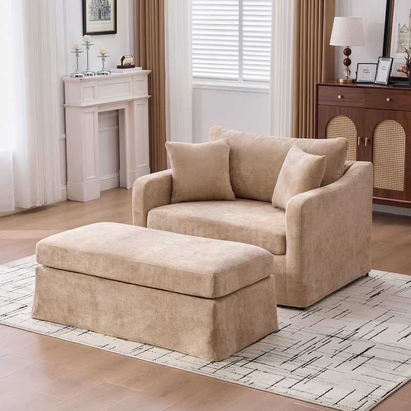 Morden Accent Chair with Ottoman, Chenille Living Room Side Chair, Single Sofa Armchair with Bolster Pillows - Wheat