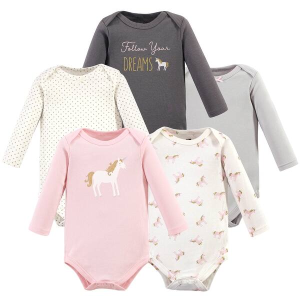 slide 1 of 1, Hudson Baby Infant Girl Cotton Long-Sleeve Bodysuits 5pk, Gold Unicorn 0-3 Months - Gold Unicorn 5-Pack