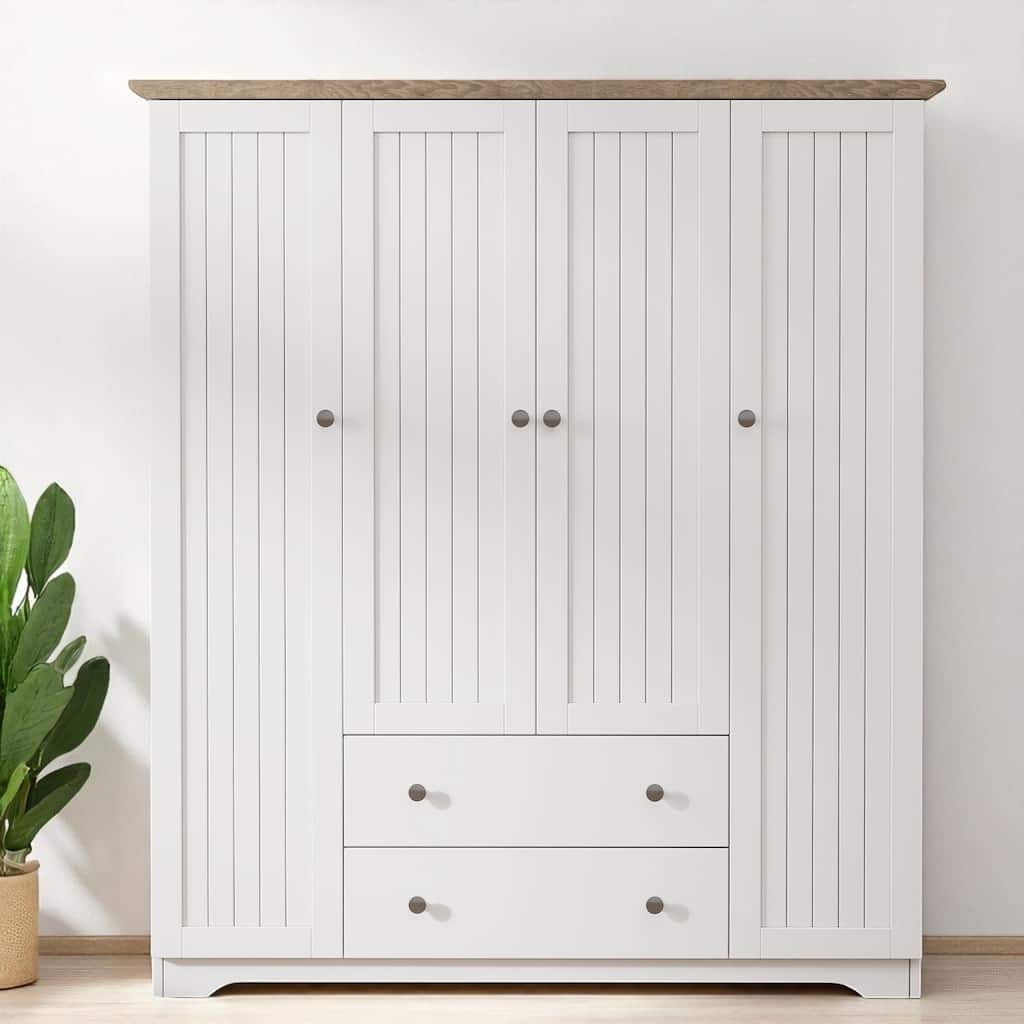 Wooden 4 Door Wardrobe Closet with 2 Drawers and Hanging Storage, Armoire Cabinet for Bedroom Organization
