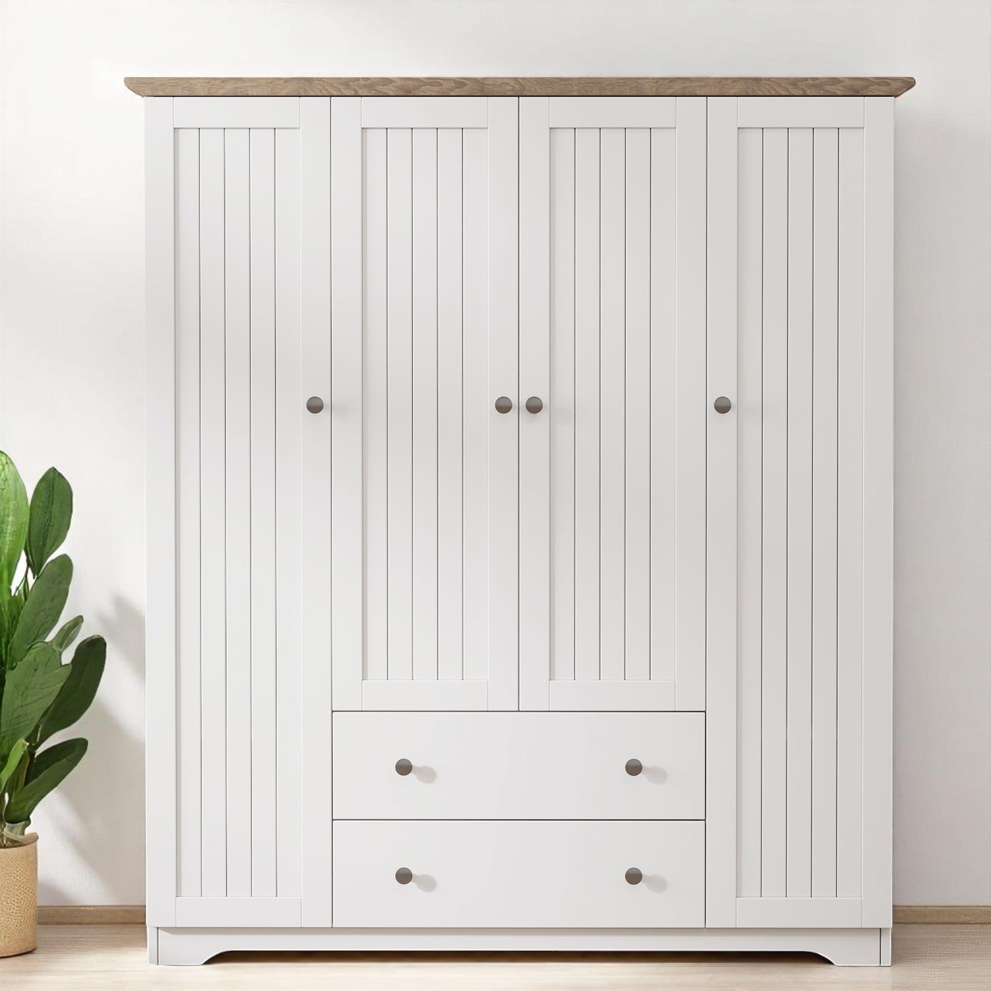 Wooden 4 Door Wardrobe Closet with 2 Drawers and Hanging Storage