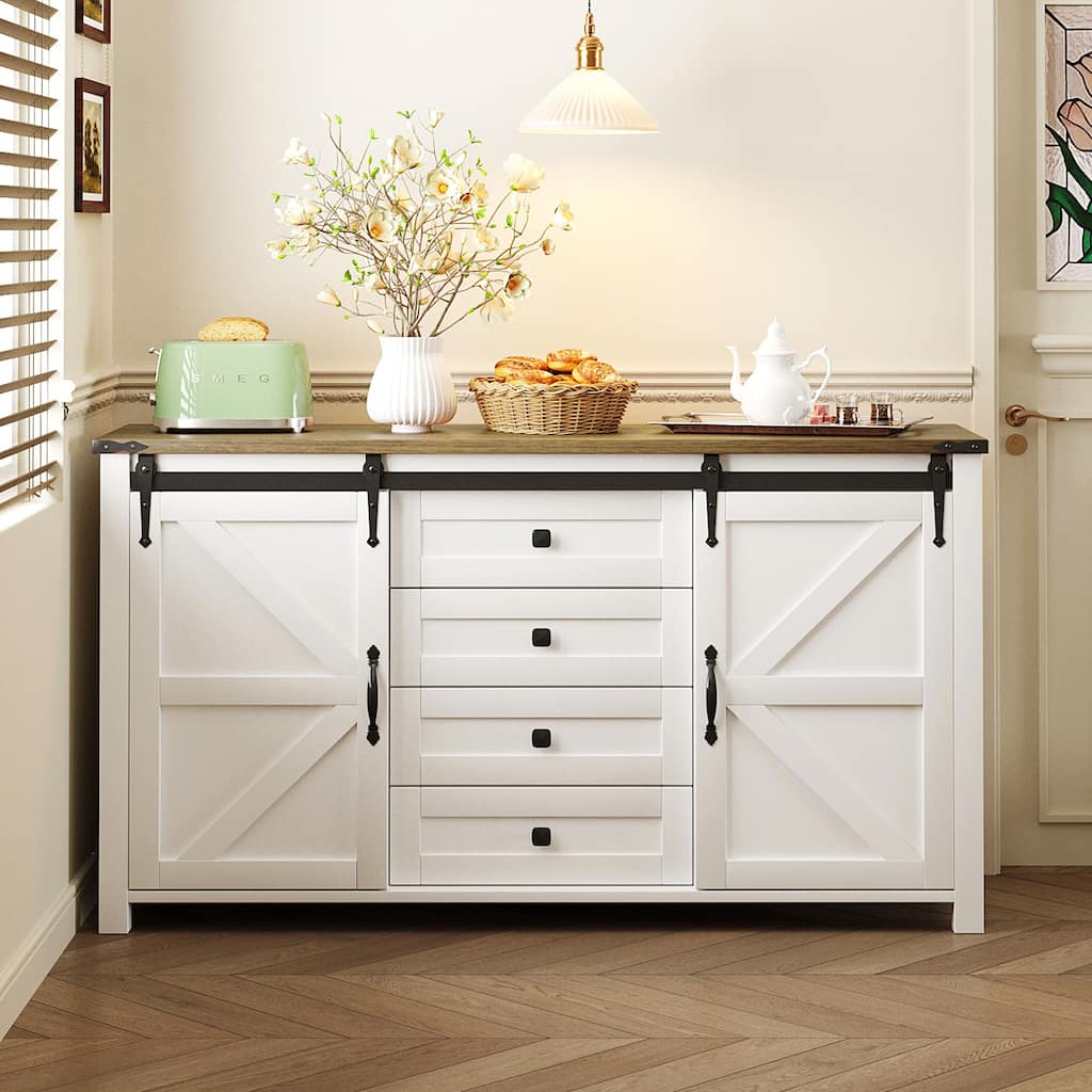 55.1-Inch Sideboard with Storage, Farmhouse Storage Cabinet with Sliding Barn Doors and 4 Drawers, Wood Buffet Table