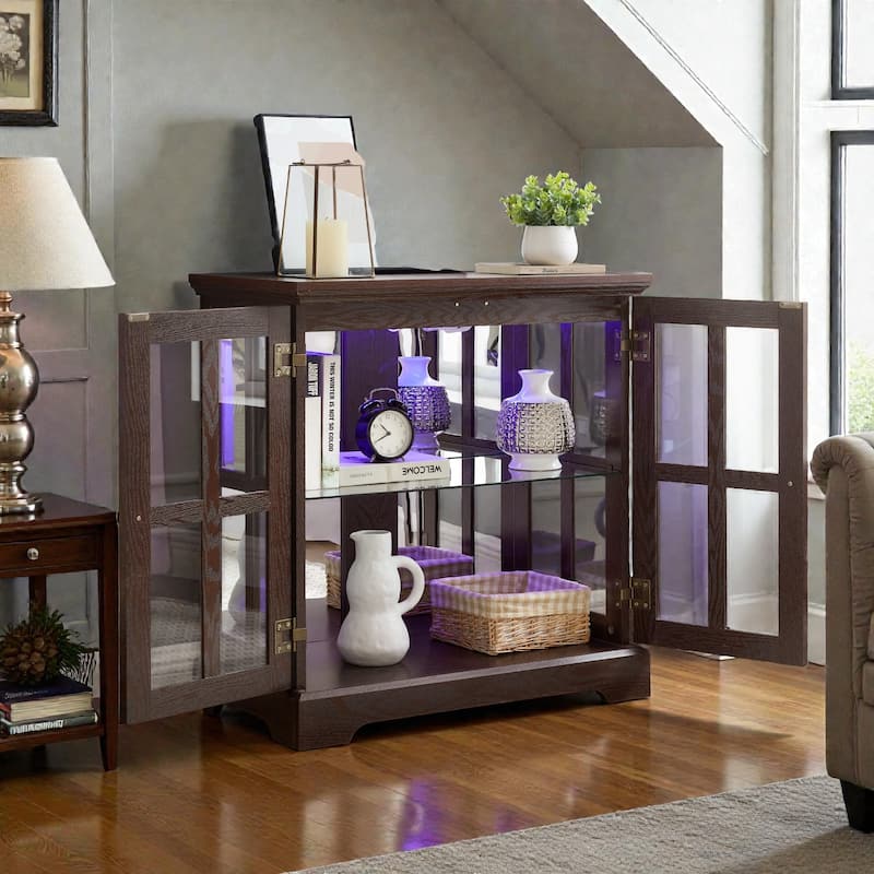 LED Curio Display Cabinet with Adjustable Glass Shelves, Antique Style Storage Cabinet with Lattice Doors