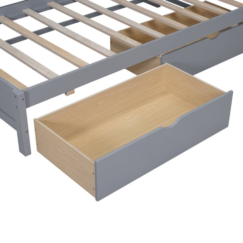 USB Ports on L-Shape Storage Headboard Bed Frame, Wooden DayBed Sofa Bed, Wooden Slat Platform Bed with 2 Drawers