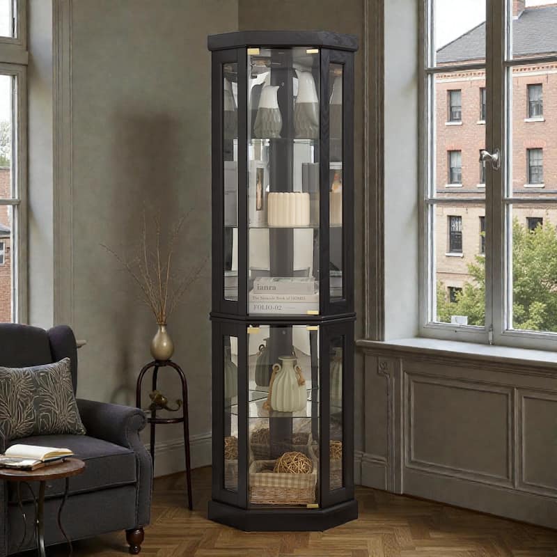 Lighted Corner Curio Cabinet with Glass Doors, Tall Display Case with Mirrored Back for Living Room