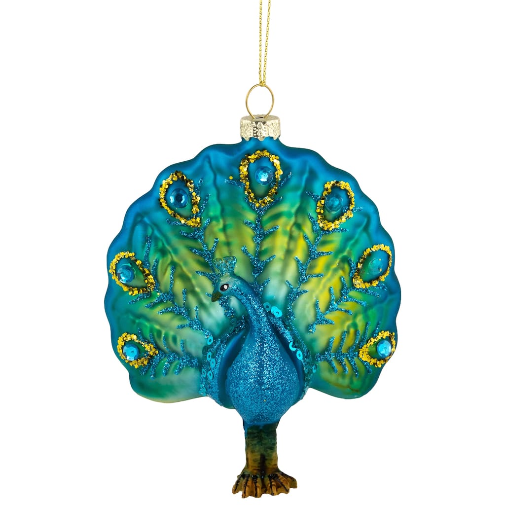 Standing Glittered Peacock Glass Christmas Ornament - 4.5" - Blue and Green