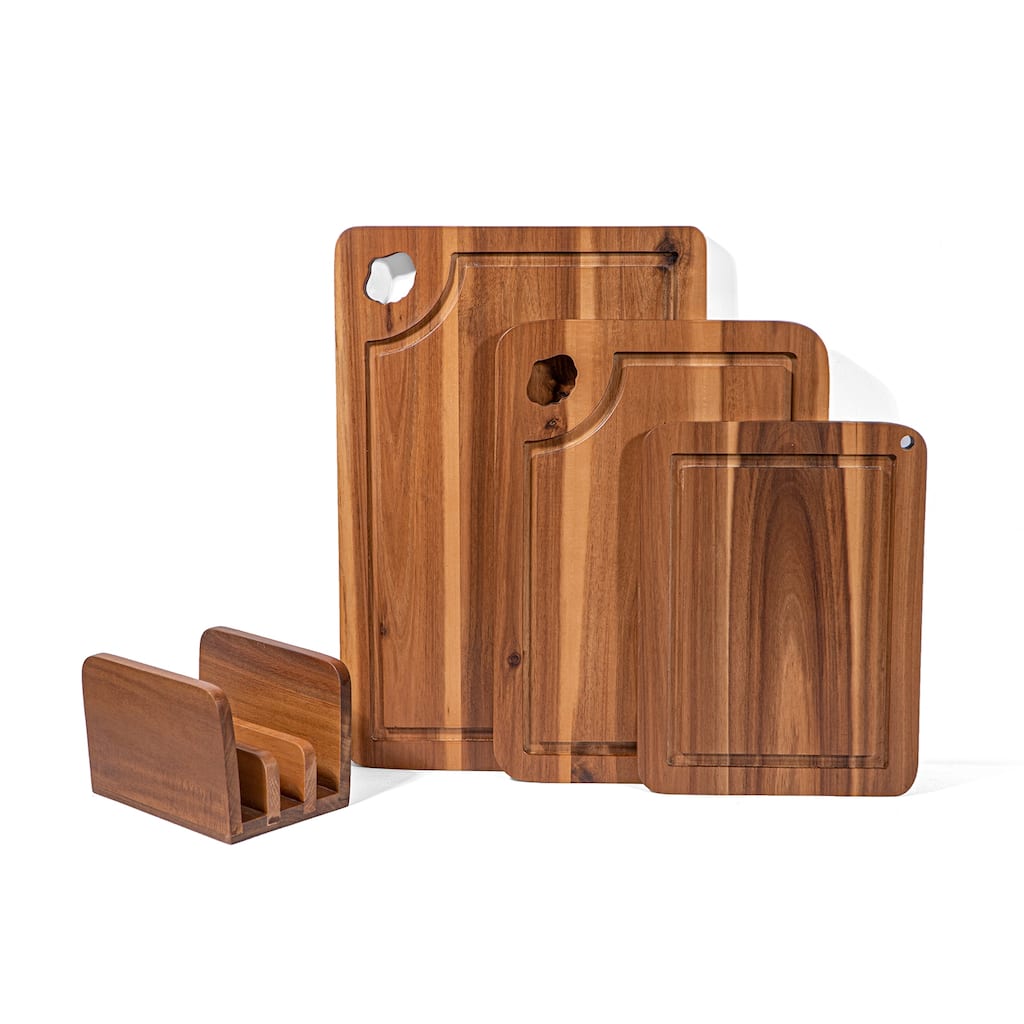 Scalop Premium Acacia Wood Cutting Board Set of 3 with Display Stand