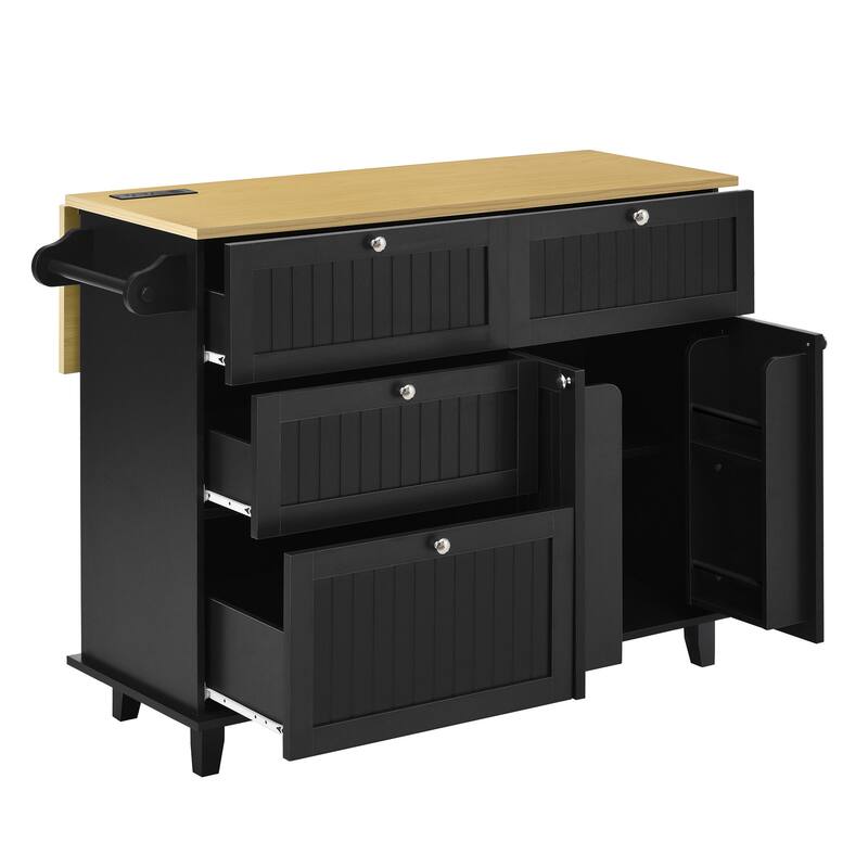 Roomfitters Farmhouse Kitchen Island Cart with Drop Leaf and 2 Stools, Power Outlet and Storage