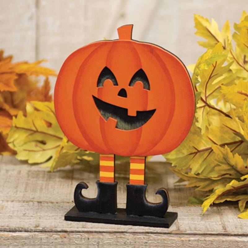 Halloween Wooden Jack O Lantern Figurine with Striped Stockings and Black Boots Decoration - 7.25" H x 4" W x 1.75" D