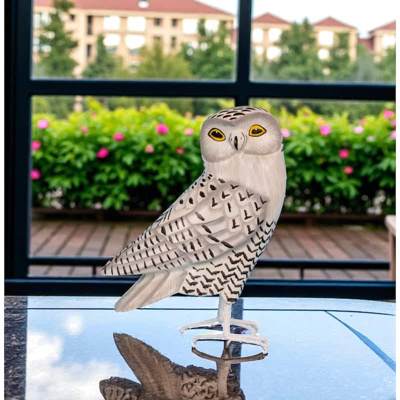 Wood Snowy Owl Figurine - Hand Carved Bird Sculpture, White Owl Wildlife Decor - 8" tall x 6" wide x 3.5" deep