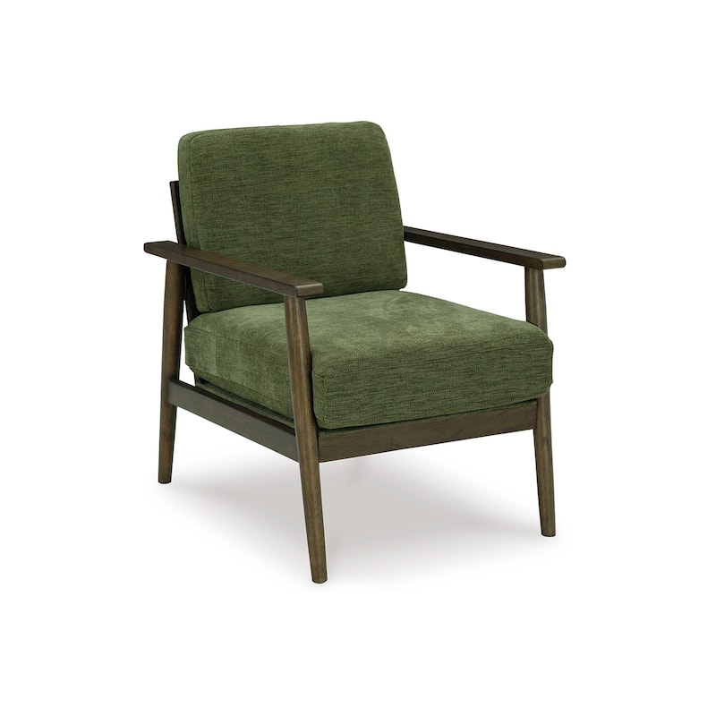 Bixy Accent Chair, 31 Inch, Brown Wood Armrests, Dark Green Polyester