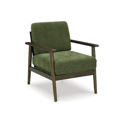 Bixy Accent Chair, 31 Inch, Brown Wood Armrests, Dark Green Polyester