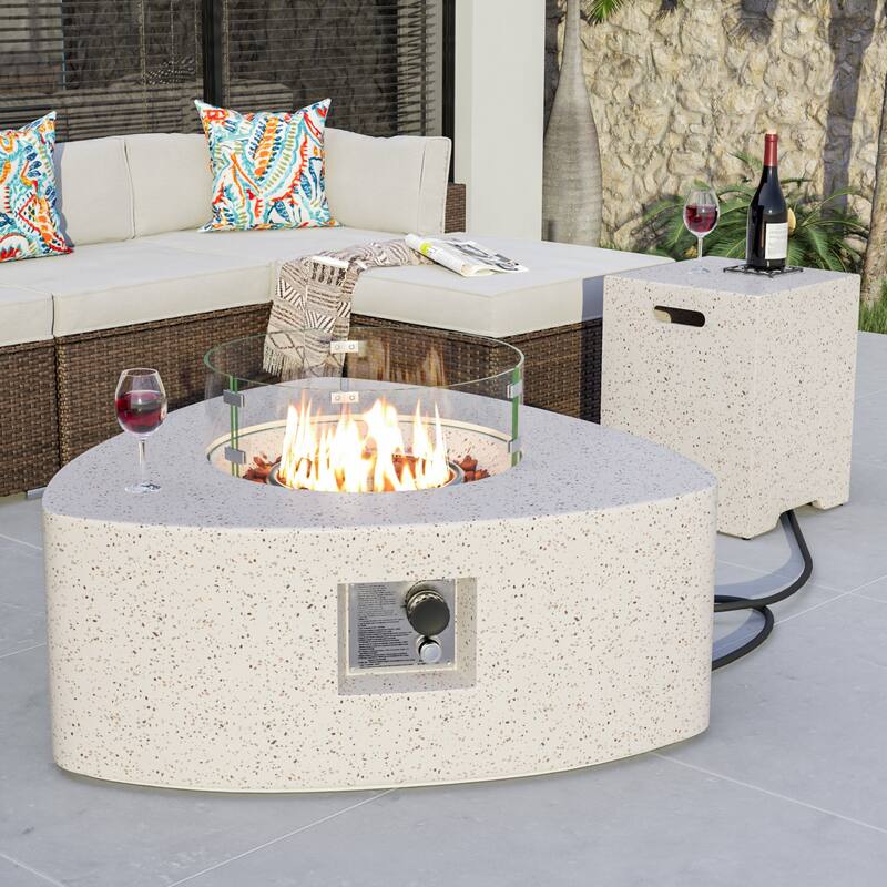 COSIEST Outdoor Triangular Propane Fire Pit Table - with Wind Guard & Propane Tank Cover
