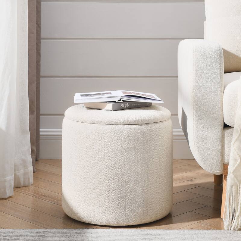 Roomfitters 2-Piece Round Chenille Storage Ottoman Set with Drum-Shaped Stool and MDF Top, Hidden Compartment