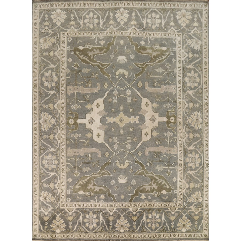 Transitional Gray Oushak Indian Area Rug Hand-Knotted Wool Carpet - 8'1" x 9'9"