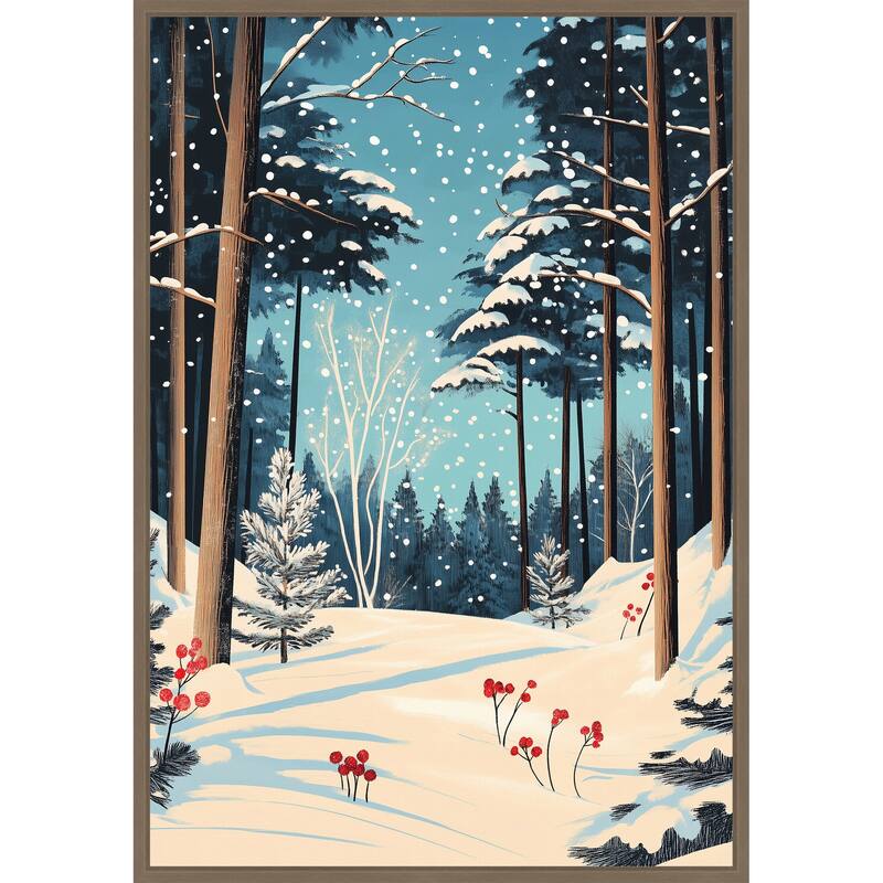 Christmas Snowy forest by Pictufy Studio Framed Canvas Wall Art Print - Sylvie Dark Gold