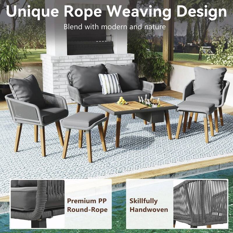 6-Piece Rope Patio Furniture Set with Acacia Wood Cool Bar Table