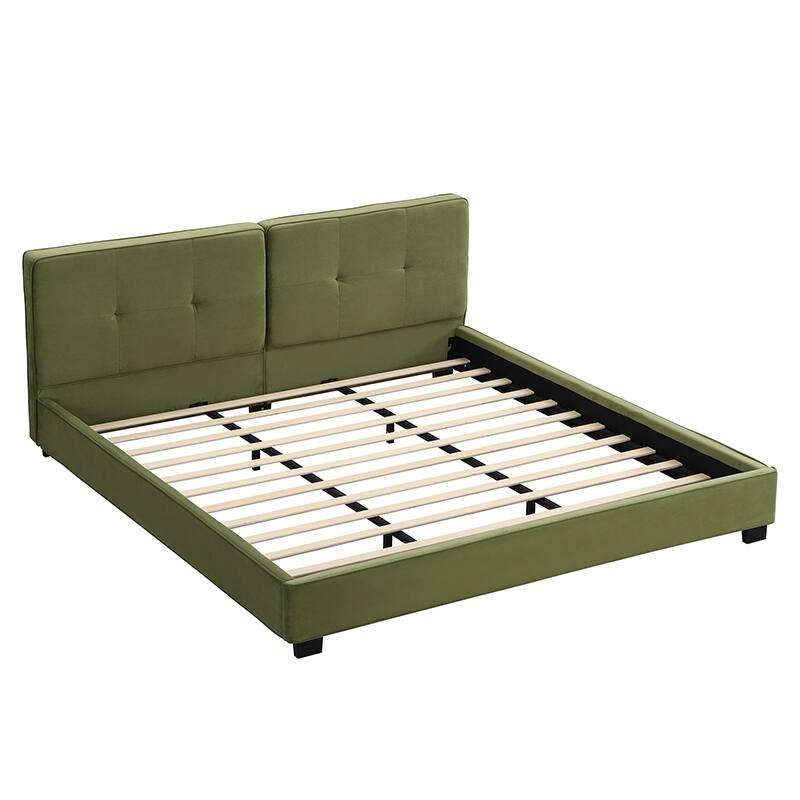 Oliver Green Velvet Upholstered Bed Frame, King Size Grounded Bed with Curved Tufted Headboard, Soft Square Corners Wingback Bed