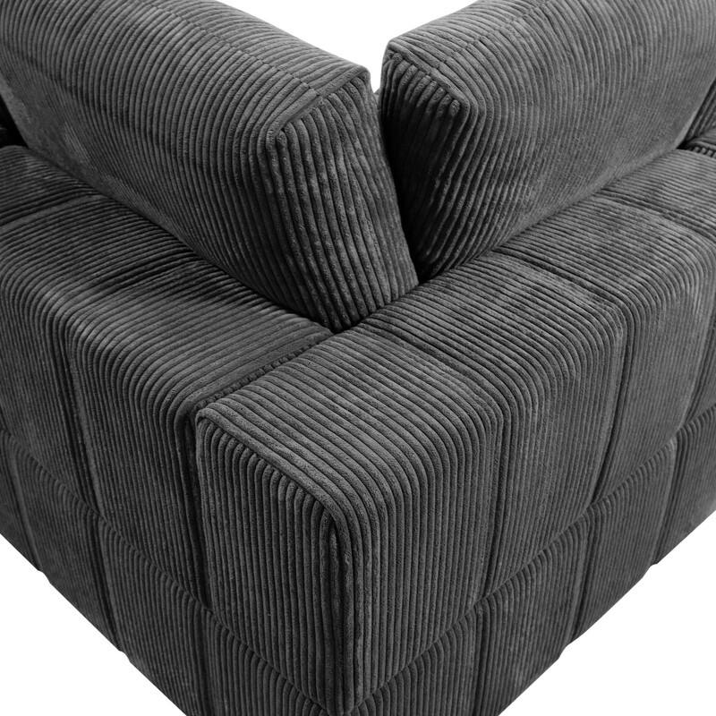 Corduroy Modular Sectional Sofa with Ottoman, Deep Seat L-Shaped Couch for Living Room, Dark Gray