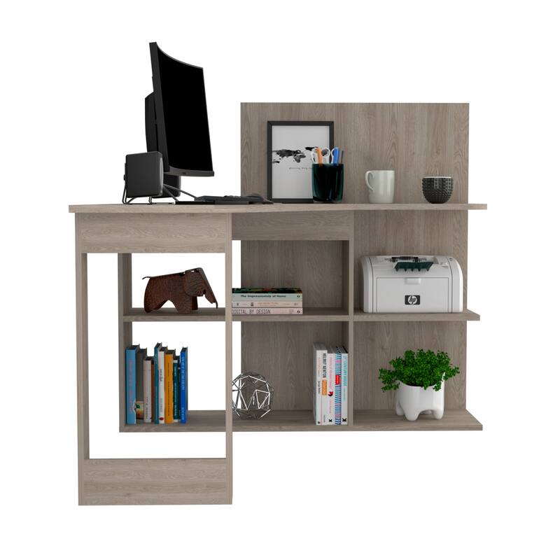 L-Shaped Writing Computer Desk with 5 Open Shelves, Right Return, and Stylish Hutch for Home Office or Study