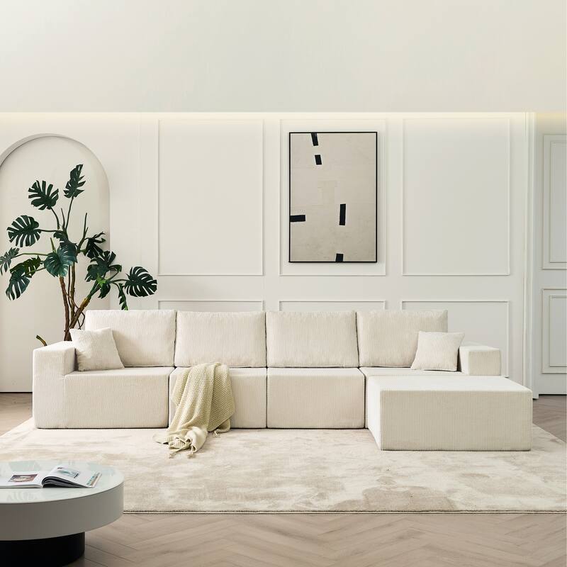 139.3" Modular Sectional Sofa, Boneless Couch, No Assembly, Cloud Couch with Ottoman & 2 Pillows, Beige