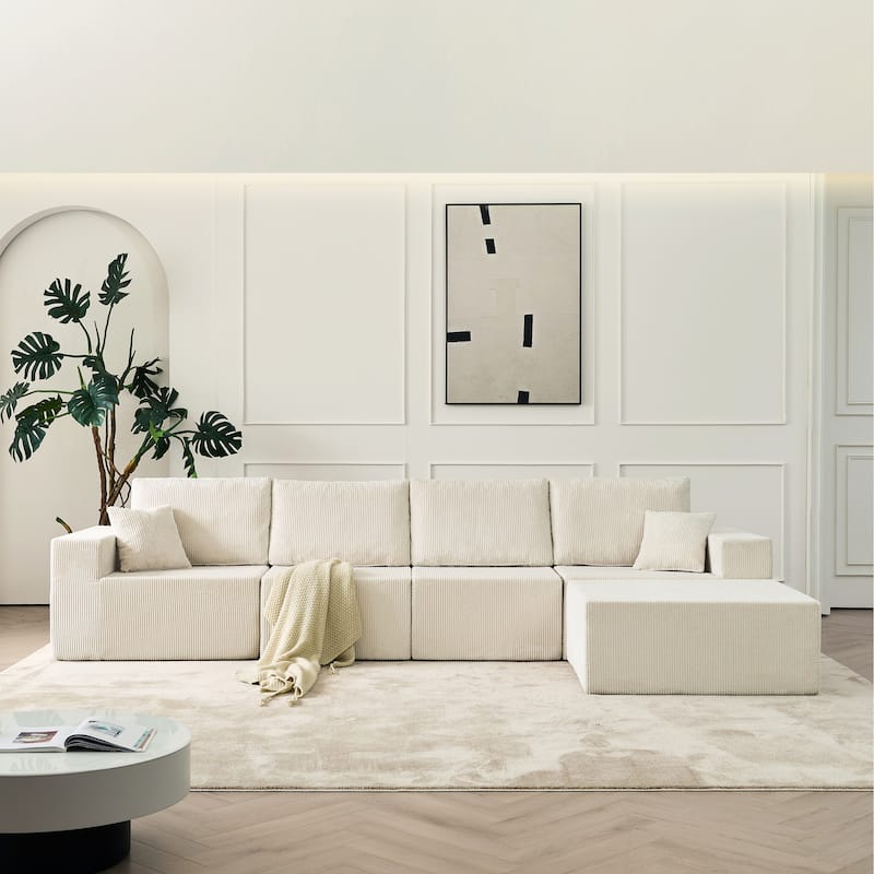 Modular Corduroy Sectional Sofa with Ottoman Chaise Lounge and Pillows - Beige