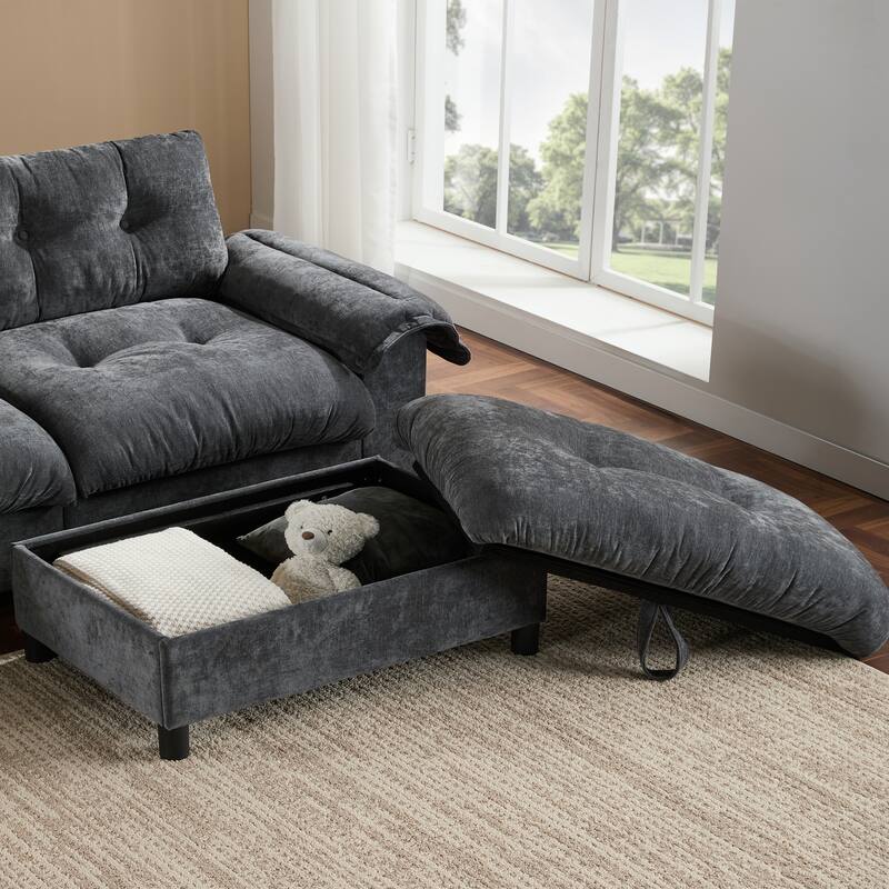 Chenille Tufted L-Shape Sectional Sofa with Storage Ottoman, Pockets and All-in-one Armrest with Dual-Port Charging, Cup Holder