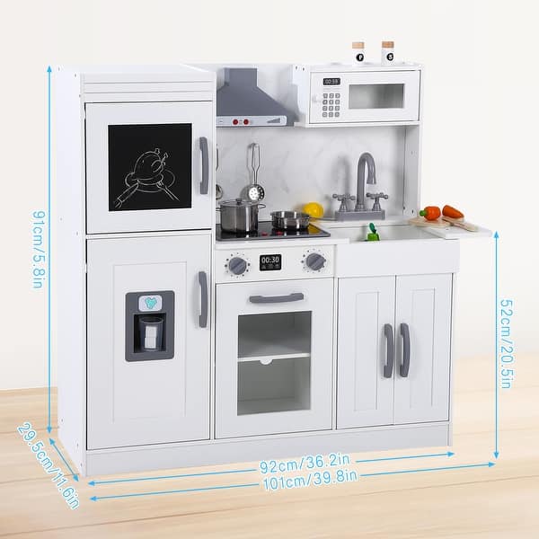 dimension image slide 2 of 3, Wooden Play Kitchen for Kids with Cookware Playset,Lights & Sounds,20 Accessories and Ice Maker,Microwave,Oven,Range Hood,Sink