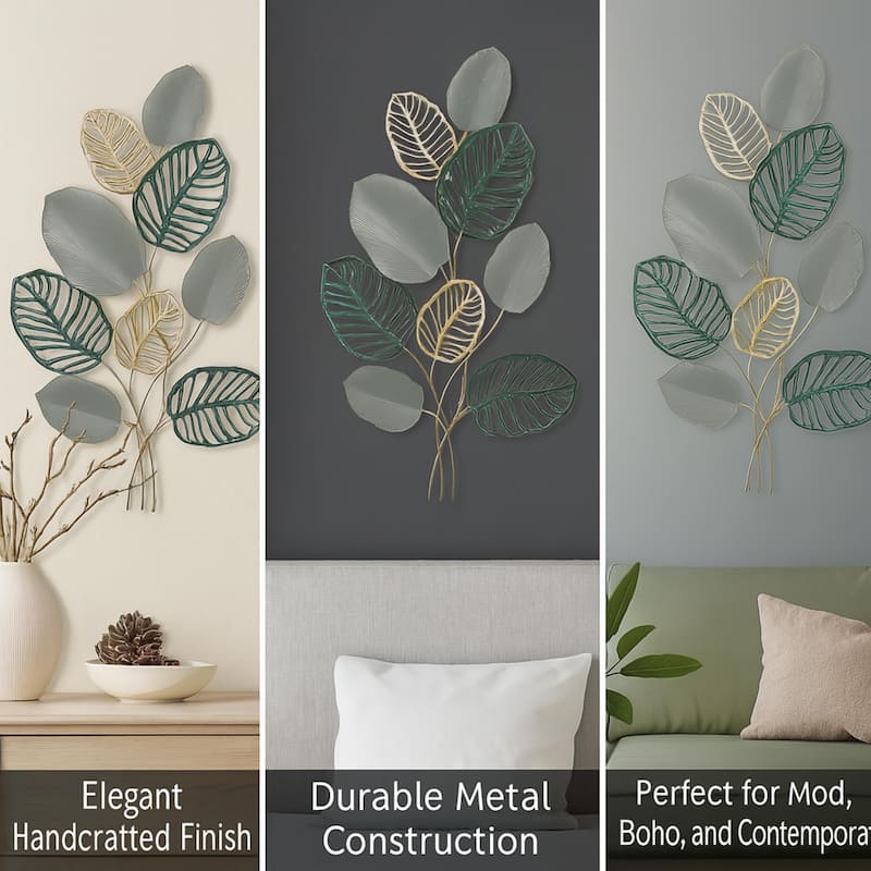 Vertical Multicolored Leaf Metal Wall Art Green Gold Decor 35"x24"