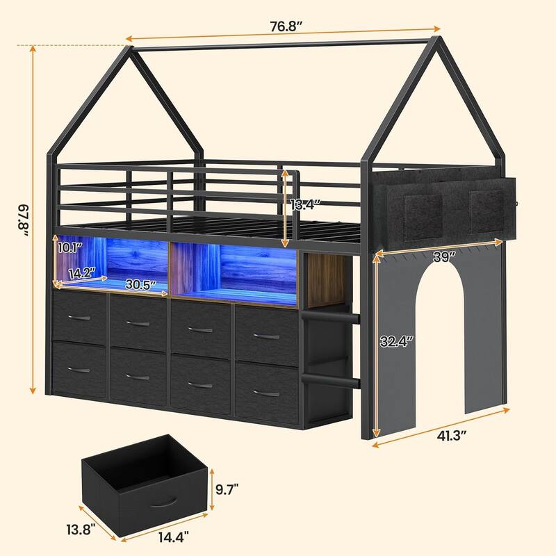 House Low Loft Bed Twin Size Storage Drawers Bookcase LED Lights