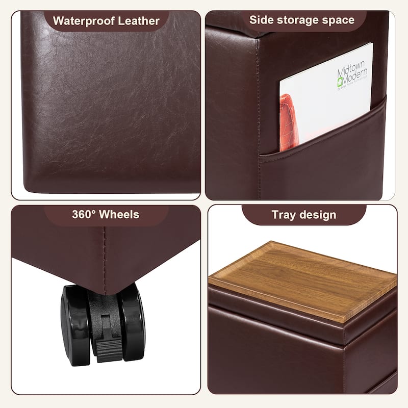 Adeco 16" W Upholstered Rectangle Storage Ottoman with Tray and Pocket