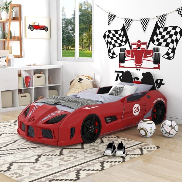 slide 2 of 16, La Vetta Modern Twin Platform Car Bed with LED Lights and Handheld Remote by Furniture of America Red