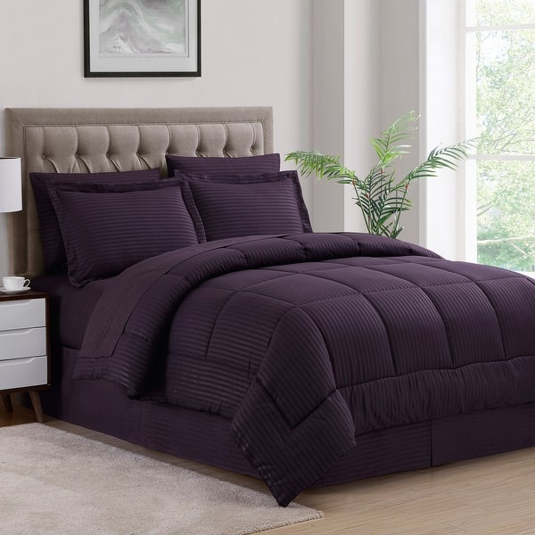 slide 2 of 49, Soft Dobby 8-piece Striped Down Alternative Bed-in-a-Bag Set w/ Sheets Eggplant - King