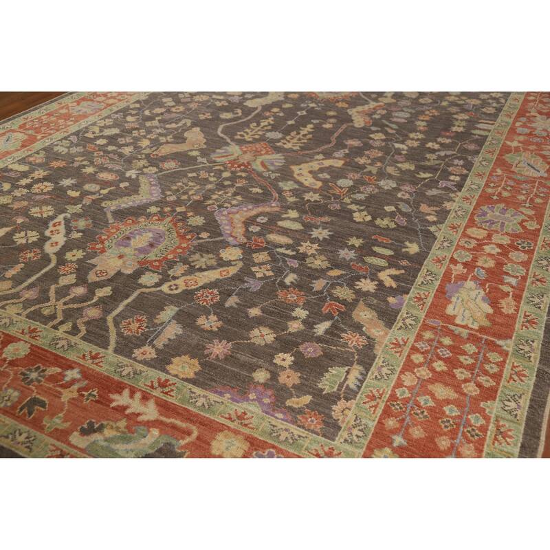 Hand Knotted Oriental 100% Wool Carpet Transitional All-Over Greys & Charcoal Oushak Area Rug - 12' 3'' X 9' 4''