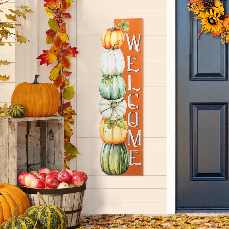 Glitzhome 42"H Lighted Fall Wood Stacked Pumpkins Welcome Porch Sign w/Timer